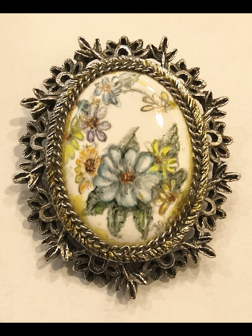 Vintage Hand Painted Brooch With Silver Frame